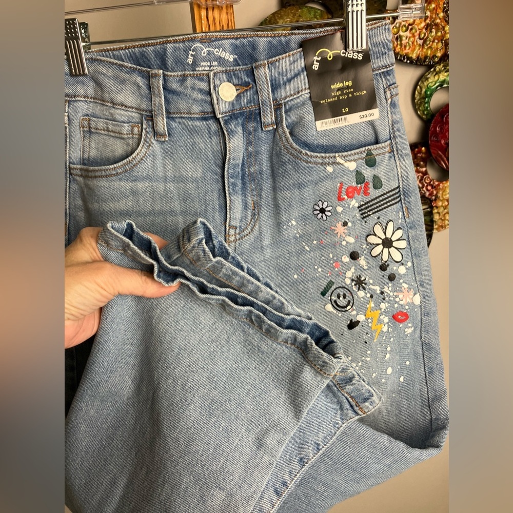 New Girls 10 Wide Leg High Rise Embellished Jeans Relaxed Hip Thigh New - Picture 9 of 10
